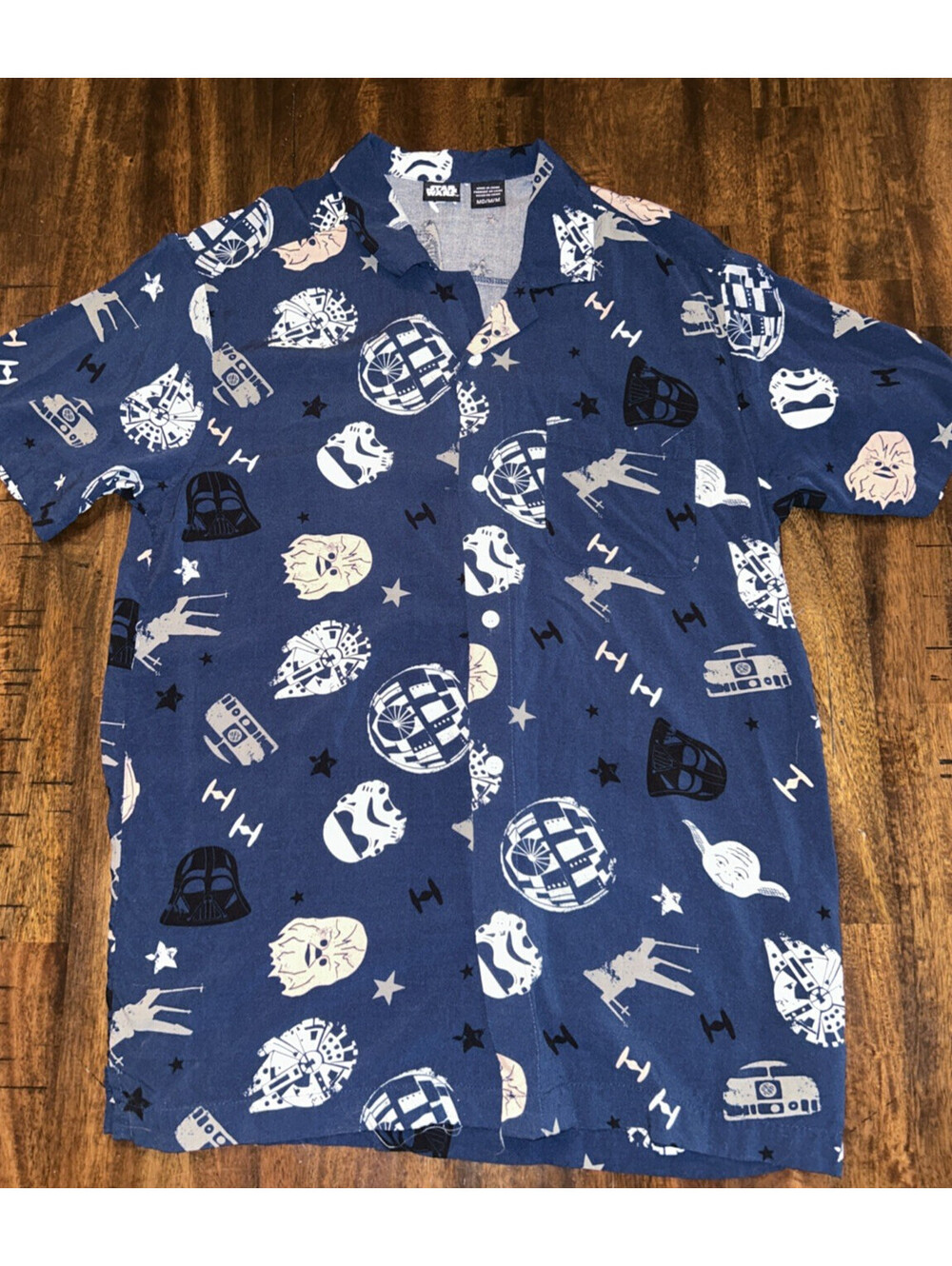 Official Star Wars Button Shirt Mens MED Blue Death Star Falcon Woven Hawaiian